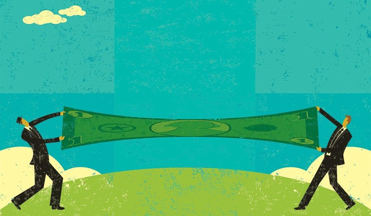 Animated picture of people stretching a dollar